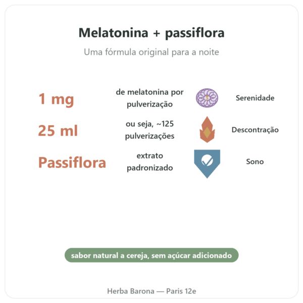 Melatonina 1mg + Passiflora Spray Cherry – Osavi – 25 ml benefícios e dados principais Paris Herba Barona