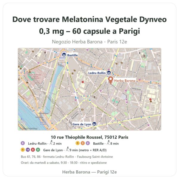 Dove trovare Melatonina Vegetale Dynveo 0,3 mg – 60 capsule a Parigi - mappa del negozio Herba Barona Paris 12e