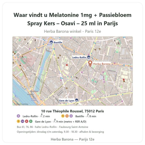 Waar vindt u Melatonine 1mg + Passiebloem Spray Kers – Osavi – 25 ml in Parijs - winkelplattegrond Herba Barona Paris 12e