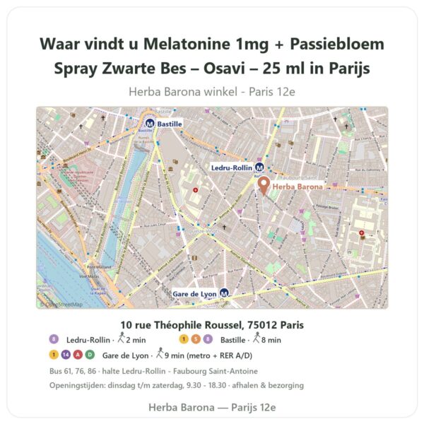 Waar vindt u Melatonine 1mg + Passiebloem Spray Zwarte Bes – Osavi – 25 ml in Parijs - winkelplattegrond Herba Barona Paris 12e