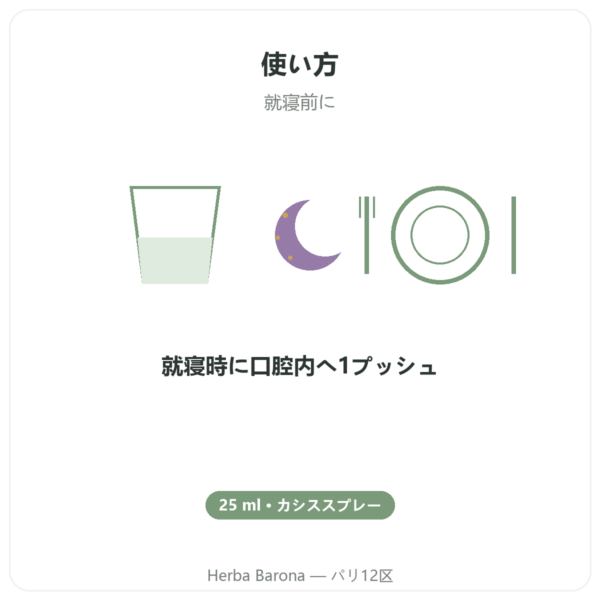 メラトニン 1mg + パッションフラワー スプレー カシス風味 – Osavi – 25 ml directions and dosage Paris Herba Barona