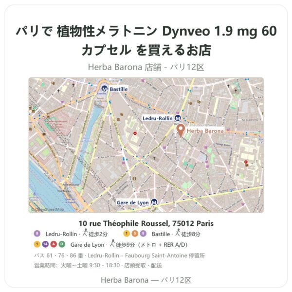 Where to find 植物性メラトニン Dynveo 1.9 mg 60カプセル in Paris - store map Herba Barona Paris 12e