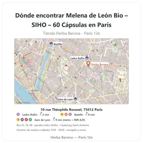 Dónde encontrar Melena de León Bio – SIHO – 60 Cápsulas en París - plano de la tienda Herba Barona Paris 12e