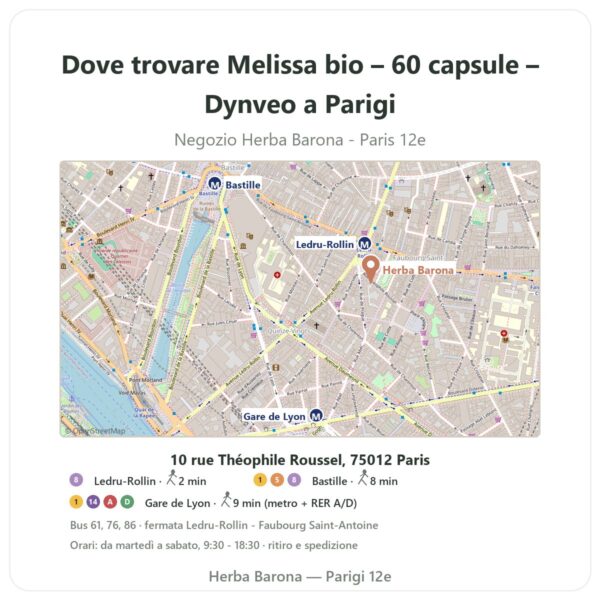 Dove trovare Melissa bio – 60 capsule – Dynveo a Parigi - mappa del negozio Herba Barona Paris 12e