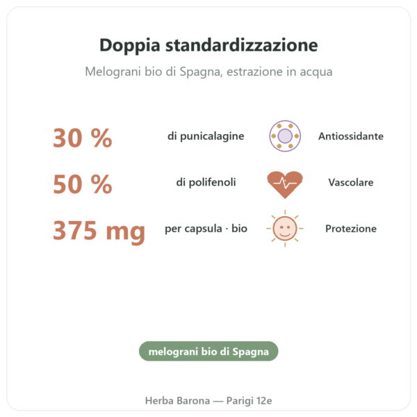 Melograno BIO Dynveo – 375 mg – 60 capsule – 30% Punicalagine – 50% Polifenoli benefici e dati chiave Paris Herba Barona