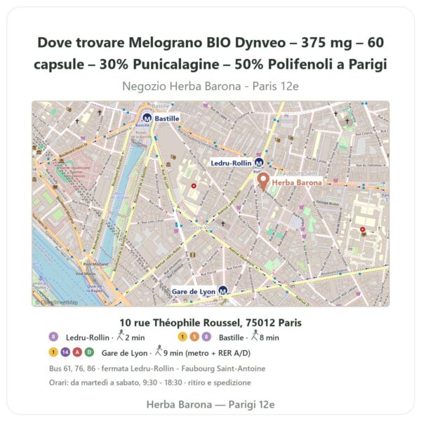 Dove trovare Melograno BIO Dynveo – 375 mg – 60 capsule – 30% Punicalagine – 50% Polifenoli a Parigi - mappa del negozio Herba Barona Paris 12e