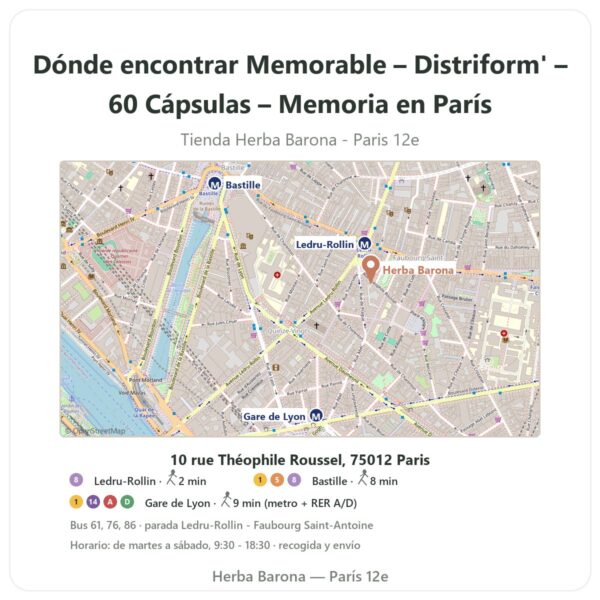 Dónde encontrar Memorable – Distriform' – 60 Cápsulas – Memoria en París - plano de la tienda Herba Barona Paris 12e