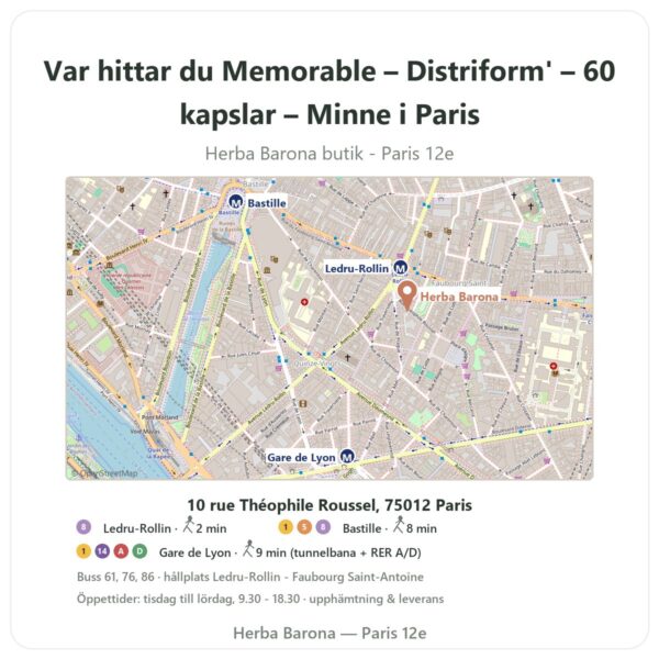 Var hittar du Memorable – Distriform' – 60 kapslar – Minne i Paris - butikskarta Herba Barona Paris 12e