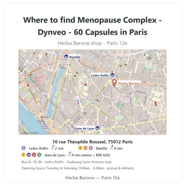 Where to find Menopause Complex - Dynveo - 60 Capsules in Paris - store map Herba Barona Paris 12e