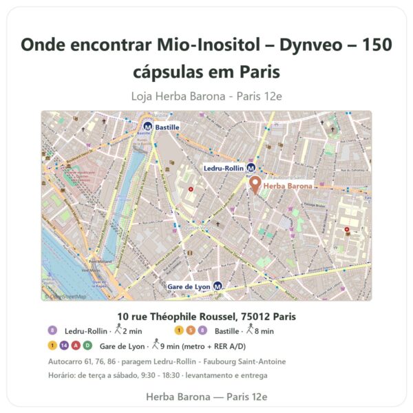 Onde encontrar Mio-Inositol – Dynveo – 150 cápsulas em Paris - mapa da loja Herba Barona Paris 12e