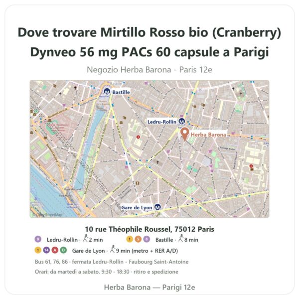 Dove trovare Mirtillo Rosso bio (Cranberry) Dynveo 56 mg PACs 60 capsule a Parigi - mappa del negozio Herba Barona Paris 12e