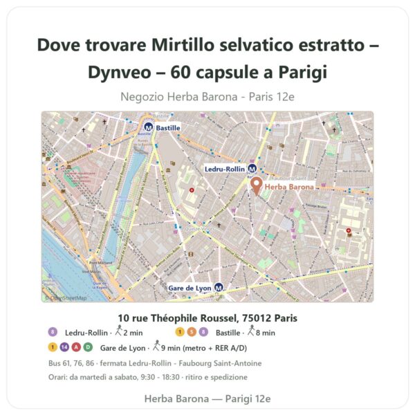 Dove trovare Mirtillo selvatico estratto – Dynveo – 60 capsule a Parigi - mappa del negozio Herba Barona Paris 12e