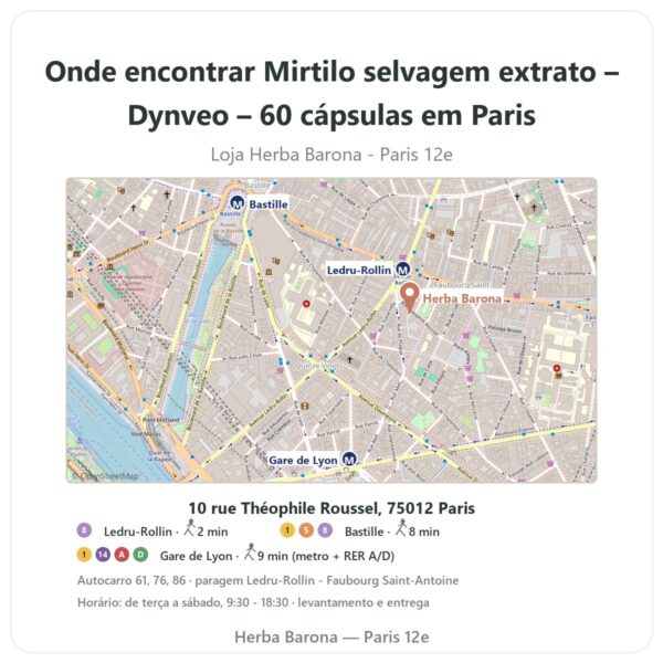 Onde encontrar Mirtilo selvagem extrato – Dynveo – 60 cápsulas em Paris - mapa da loja Herba Barona Paris 12e