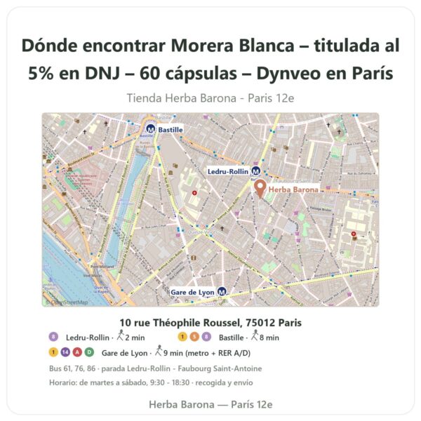 Dónde encontrar Morera Blanca – titulada al 5% en DNJ – 60 cápsulas – Dynveo en París - plano de la tienda Herba Barona Paris 12e
