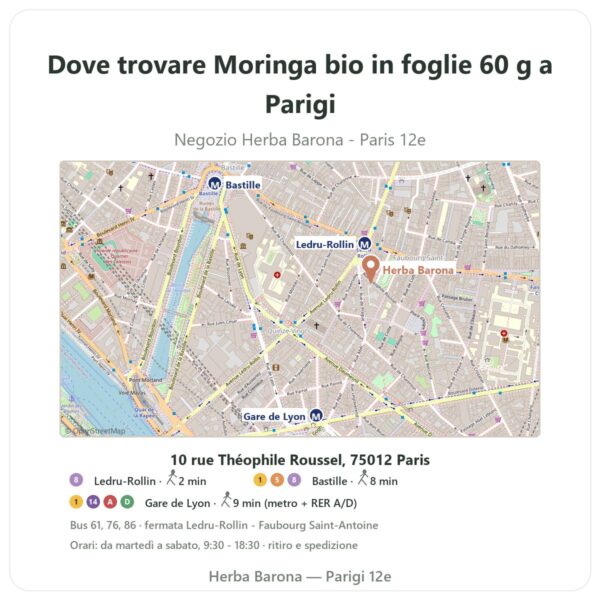 Dove trovare Moringa bio in foglie 60 g a Parigi - mappa del negozio Herba Barona Paris 12e