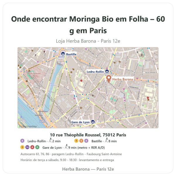 Onde encontrar Moringa Bio em Folha – 60 g em Paris - mapa da loja Herba Barona Paris 12e