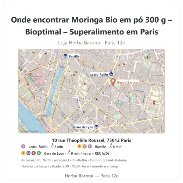 Onde encontrar Moringa Bio em pó 300 g – Bioptimal – Superalimento em Paris - mapa da loja Herba Barona Paris 12e