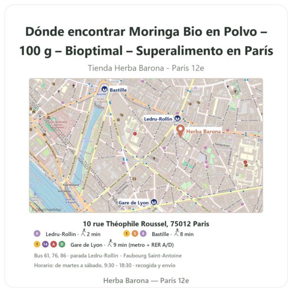 Dónde encontrar Moringa Bio en Polvo – 100 g – Bioptimal – Superalimento en París - plano de la tienda Herba Barona Paris 12e