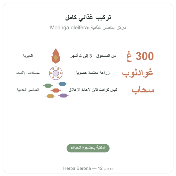 مورينغا عضوية بودرة 300 غ – Bioptimal – غذاء خارق الفوائد والمعطيات الرئيسية Paris Herba Barona