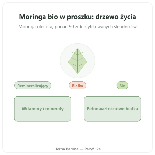 Moringa Bio proszek 100 g – Bioptimal – Superfood prezentacja Paris Herba Barona