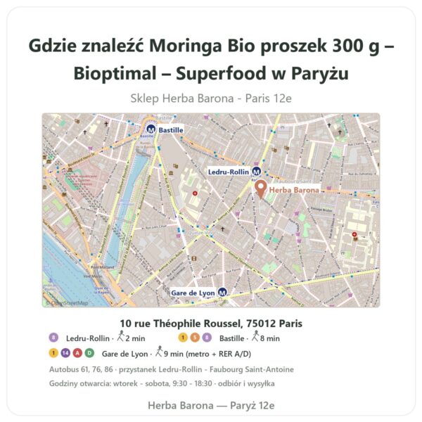 Gdzie znaleźć Moringa Bio proszek 300 g – Bioptimal – Superfood w Paryżu - mapa sklepu Herba Barona Paris 12e