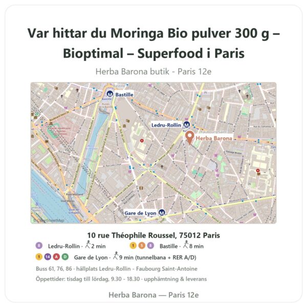 Var hittar du Moringa Bio pulver 300 g – Bioptimal – Superfood i Paris - butikskarta Herba Barona Paris 12e