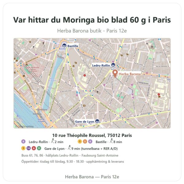 Var hittar du Moringa bio blad 60 g i Paris - butikskarta Herba Barona Paris 12e