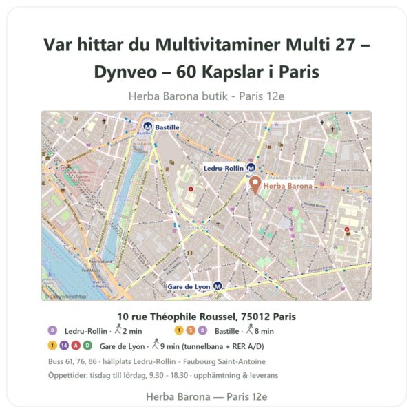 Var hittar du Multivitaminer Multi 27 – Dynveo – 60 Kapslar i Paris - butikskarta Herba Barona Paris 12e