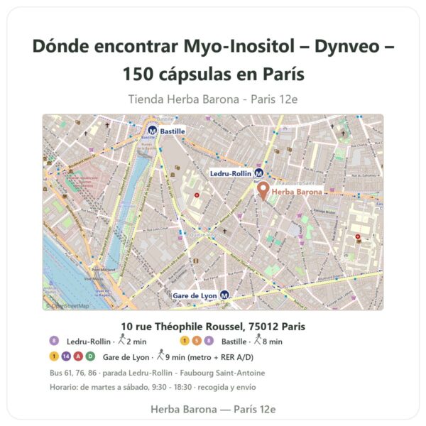 Dónde encontrar Myo-Inositol – Dynveo – 150 cápsulas en París - plano de la tienda Herba Barona Paris 12e