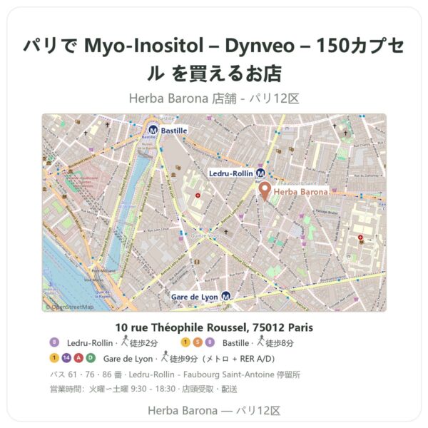 Where to find Myo-Inositol – Dynveo – 150カプセル in Paris - store map Herba Barona Paris 12e