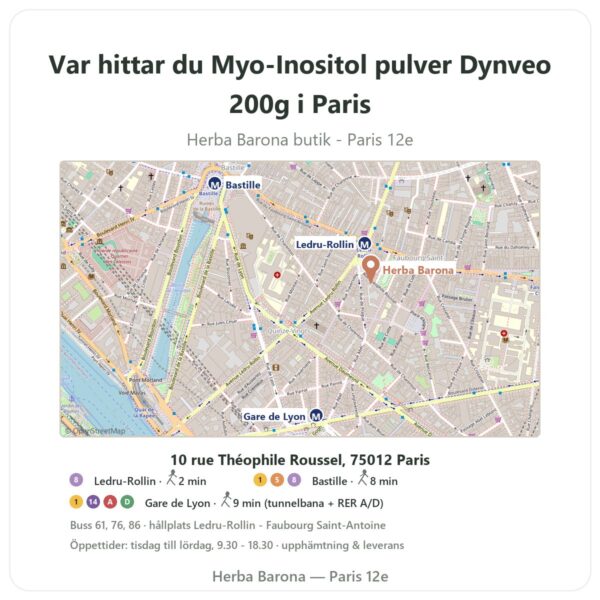 Var hittar du Myo-Inositol pulver Dynveo 200g i Paris - butikskarta Herba Barona Paris 12e