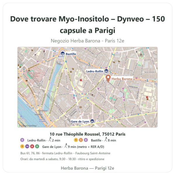 Dove trovare Myo-Inositolo – Dynveo – 150 capsule a Parigi - mappa del negozio Herba Barona Paris 12e