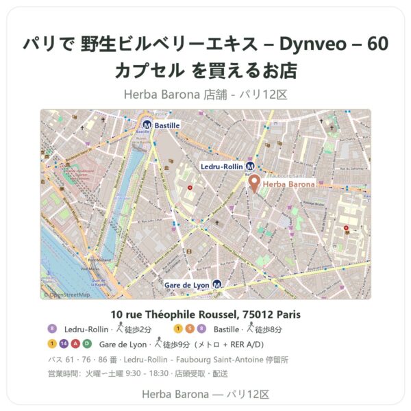 Where to find 野生ビルベリーエキス – Dynveo – 60カプセル in Paris - store map Herba Barona Paris 12e