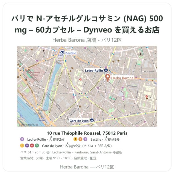 Where to find N-アセチルグルコサミン (NAG) 500mg – 60カプセル – Dynveo in Paris - store map Herba Barona Paris 12e