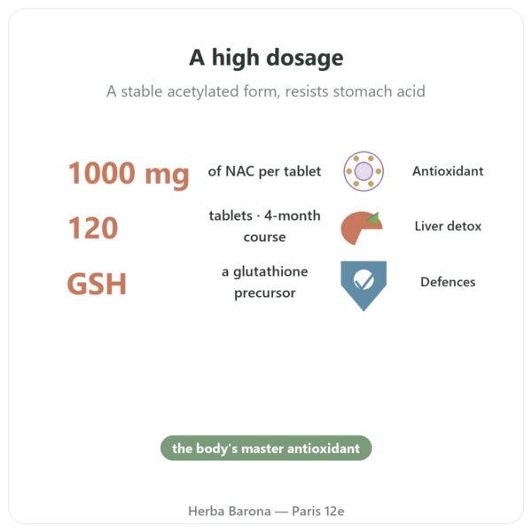NAC N-Acetyl Cysteine 1000 mg - 120 Tablets - Now Foods benefits and key facts Paris Herba Barona