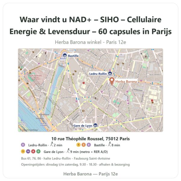 Waar vindt u NAD+ – SIHO – Cellulaire Energie & Levensduur – 60 capsules in Parijs - winkelplattegrond Herba Barona Paris 12e
