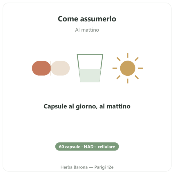 NAD+ – SIHO – Energia Cellulare & Longevità – 60 Capsule modo d'uso e dosaggio Paris Herba Barona
