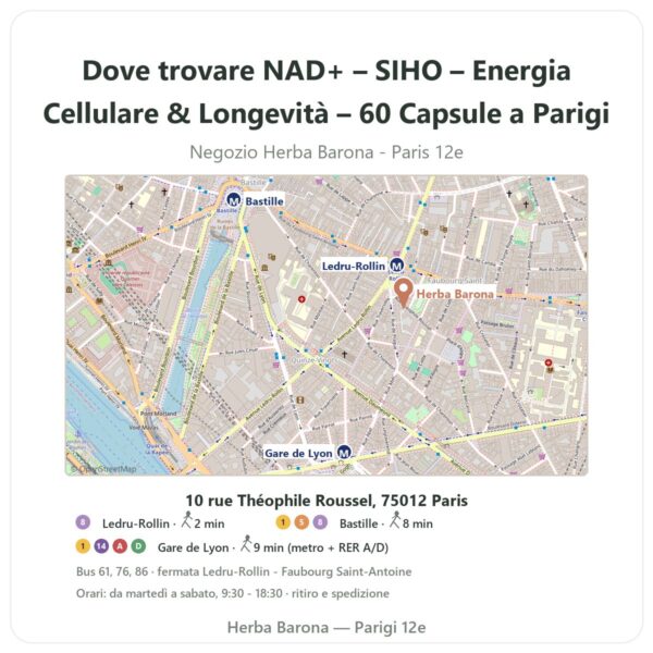 Dove trovare NAD+ – SIHO – Energia Cellulare & Longevità – 60 Capsule a Parigi - mappa del negozio Herba Barona Paris 12e