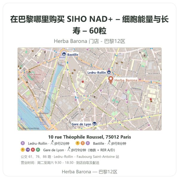 SIHO NAD+ – 细胞能量与长寿 – 60粒 巴黎哪里能买到 - 门店地图 Herba Barona Paris 12e