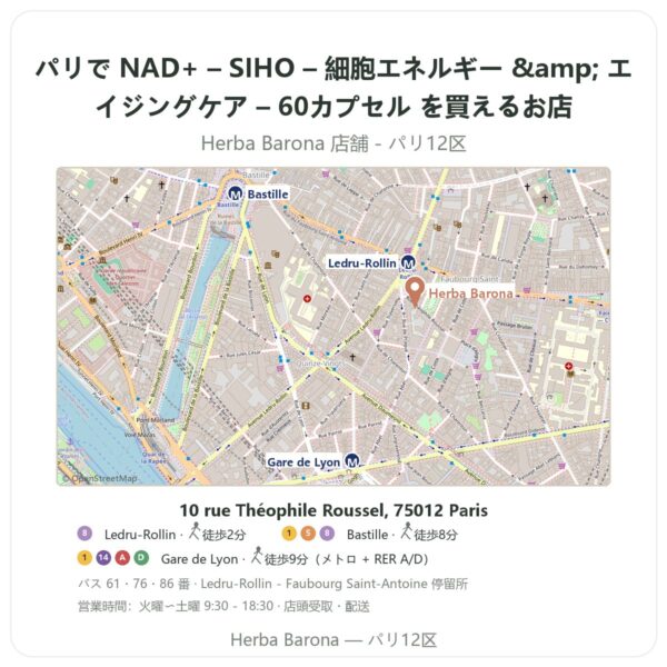 Where to find NAD+ – SIHO – 細胞エネルギー & エイジングケア – 60カプセル in Paris - store map Herba Barona Paris 12e