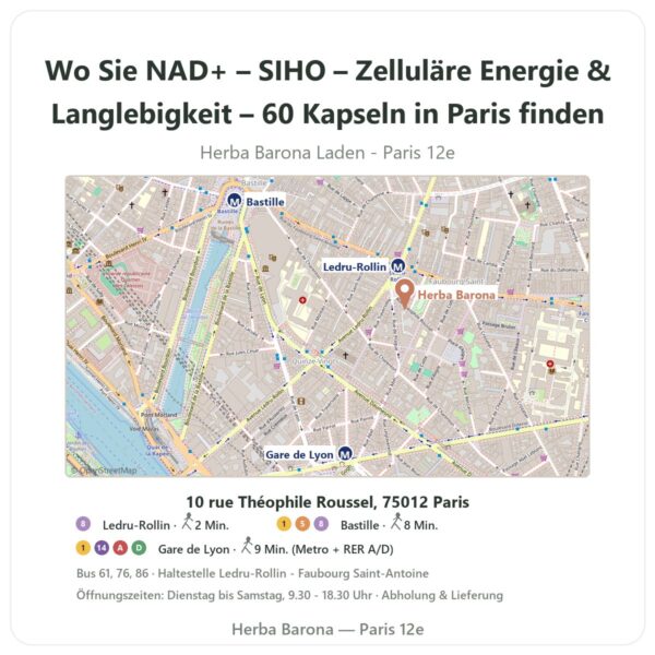 Wo finden Sie NAD+ – SIHO – Zelluläre Energie & Langlebigkeit – 60 Kapseln in Paris - Ladenplan Herba Barona Paris 12e