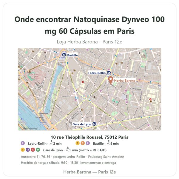Onde encontrar Natoquinase Dynveo 100 mg 60 Cápsulas em Paris - mapa da loja Herba Barona Paris 12e