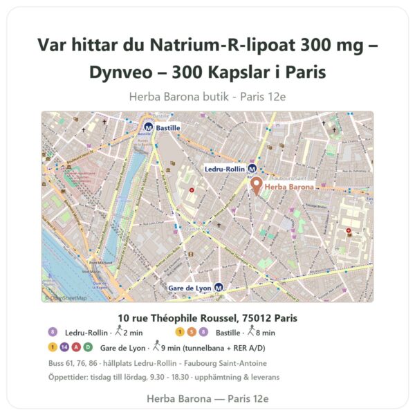Var hittar du Natrium-R-lipoat 300 mg – Dynveo – 300 Kapslar i Paris - butikskarta Herba Barona Paris 12e