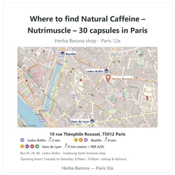 Where to find Natural Caffeine – Nutrimuscle – 30 capsules in Paris - store map Herba Barona Paris 12e