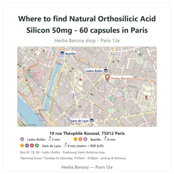 Where to find Natural Orthosilicic Acid Silicon 50mg - 60 capsules in Paris - store map Herba Barona Paris 12e