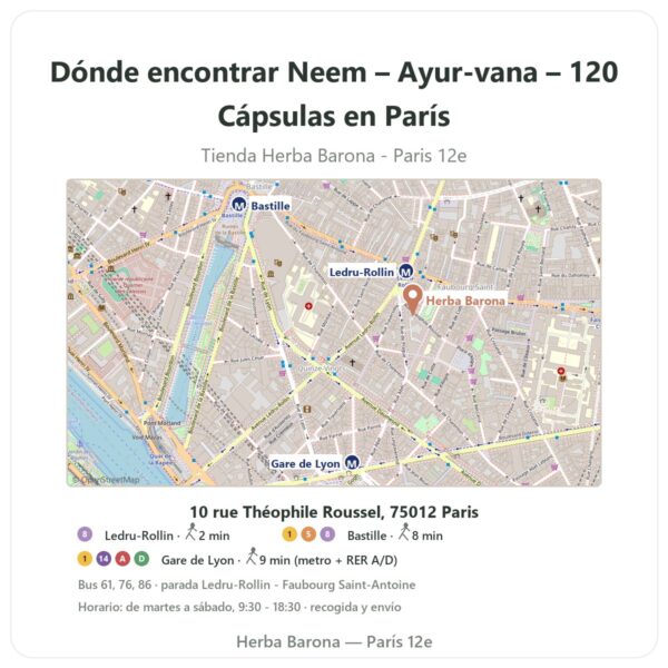 Dónde encontrar Neem – Ayur-vana – 120 Cápsulas en París - plano de la tienda Herba Barona Paris 12e