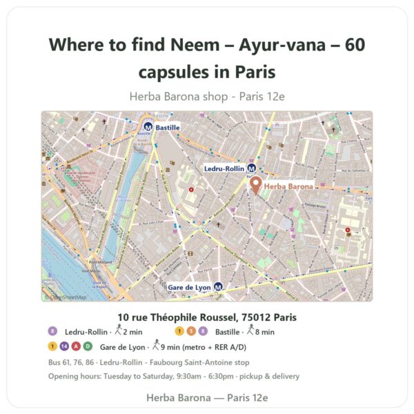 Where to find Neem – Ayur-vana – 60 capsules in Paris - store map Herba Barona Paris 12e