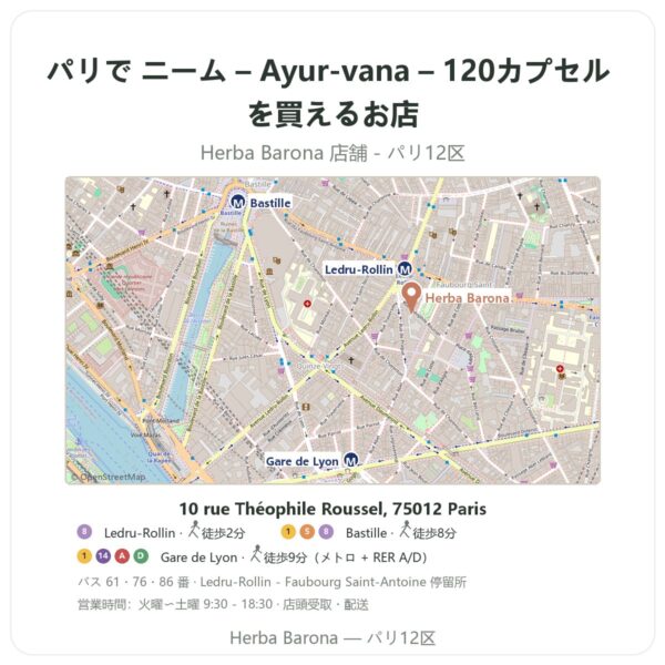 Where to find ニーム – Ayur-vana – 120カプセル in Paris - store map Herba Barona Paris 12e