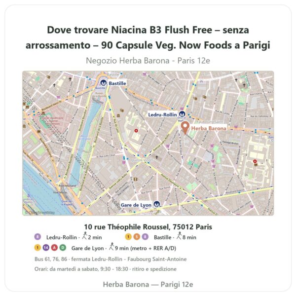 Dove trovare Niacina B3 Flush Free – senza arrossamento – 90 Capsule Veg. Now Foods a Parigi - mappa del negozio Herba Barona Paris 12e