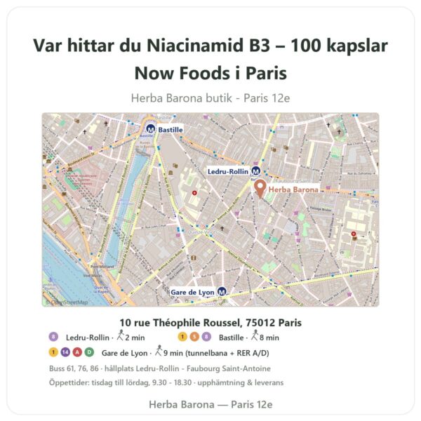 Var hittar du Niacinamid B3 – 100 kapslar Now Foods i Paris - butikskarta Herba Barona Paris 12e